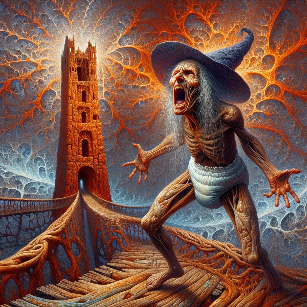 Anthropomorphic Witch's Anguish Near Ancient Tower