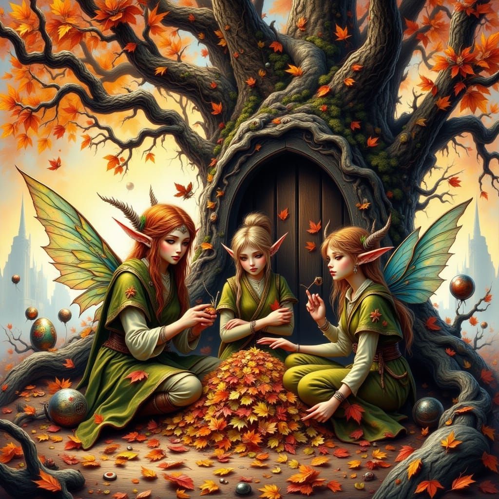 Anime Elves in Waistcoats Play in Autumn Leaves