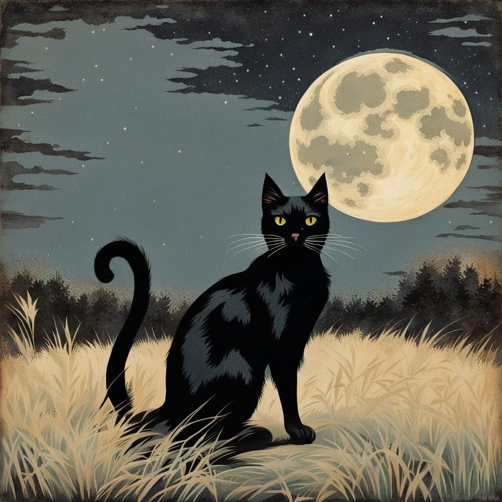 Vintage Black Cat Under Full Moon
