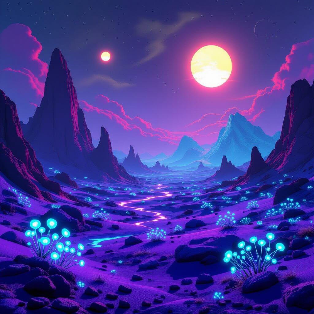 Surreal Alien Landscape with Bioluminescent Plants