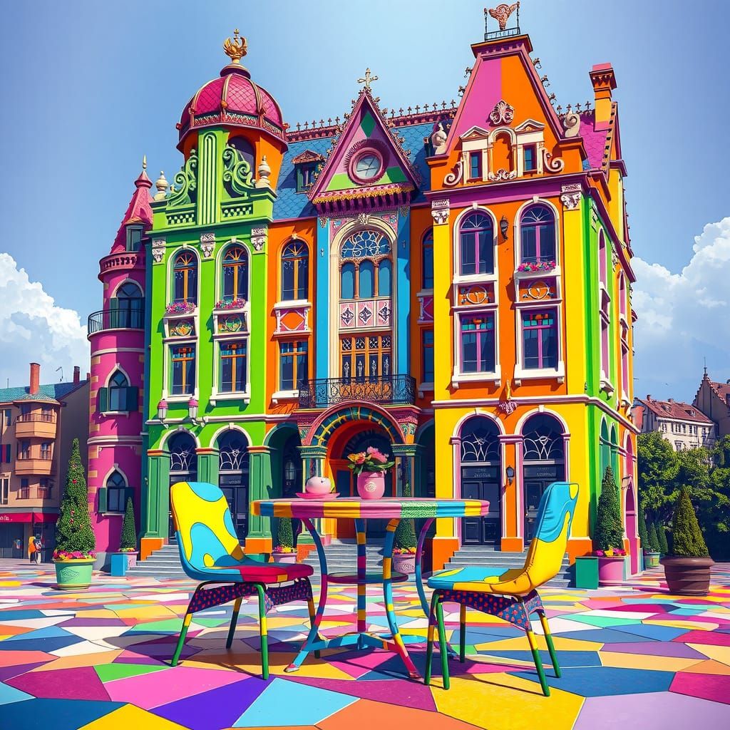 Rainbow Building in Quantum Pointillism Style