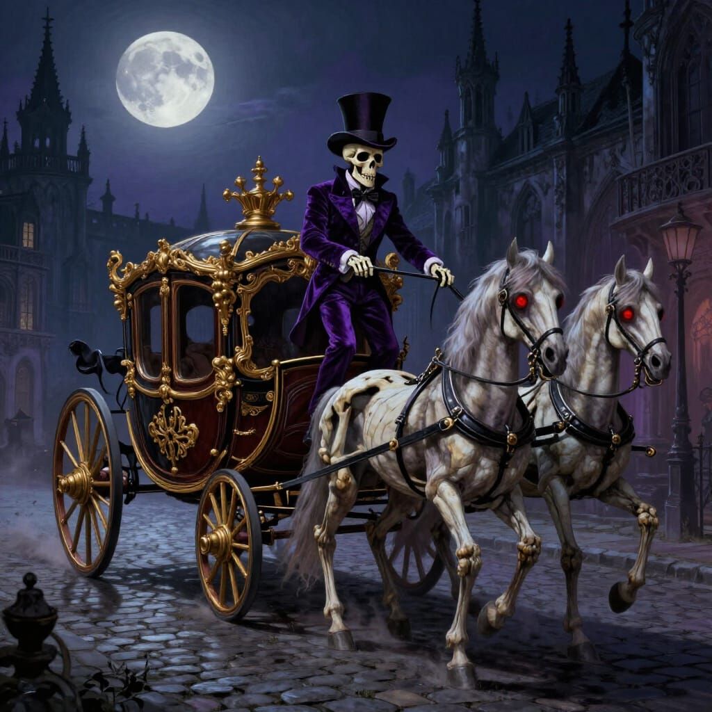Skeleton in Purple Suit Drives Baroque Carriage