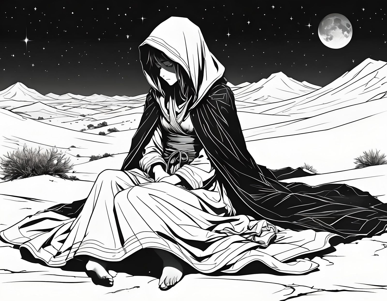 Hooded Desert Wanderer in Manga Style