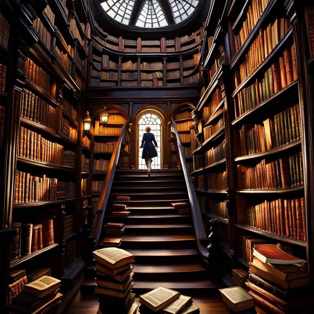 Person Climbing Bookcase Stairway in Neo-Impressionist Style