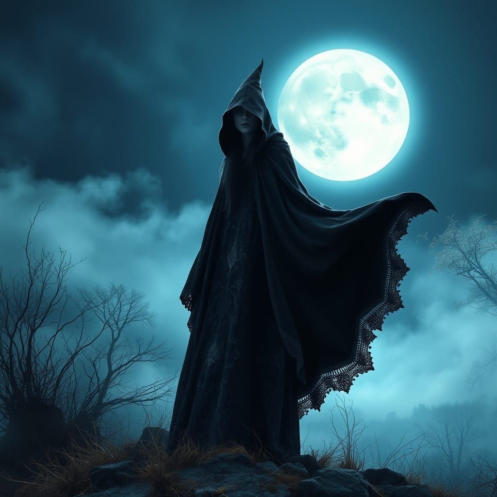 Mysterious Witch in a Moonlit Landscape