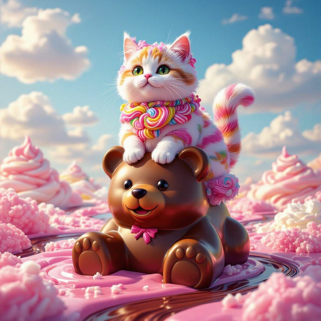 Whimsical Candy Cat on Melting Gummy Bear