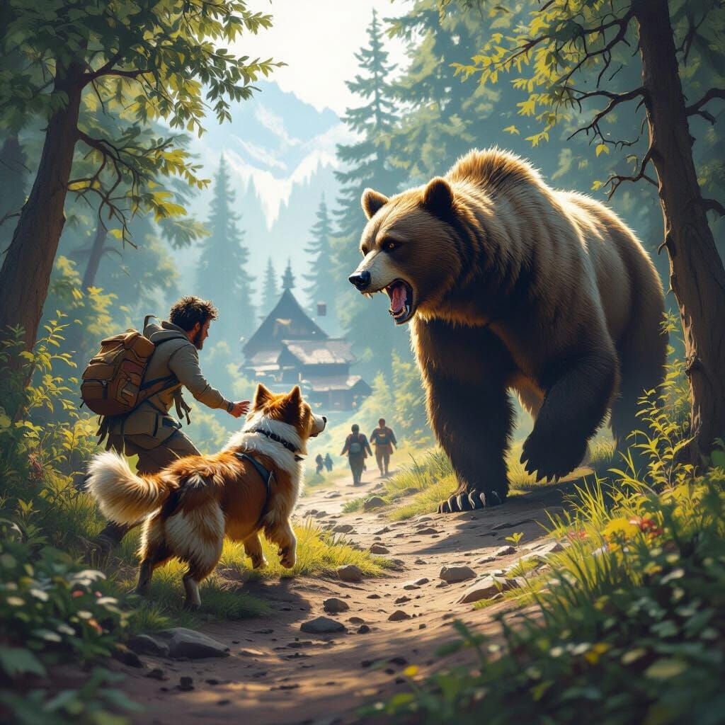 Brave Dog Leads Man to Safety in Fantastical Village Scene