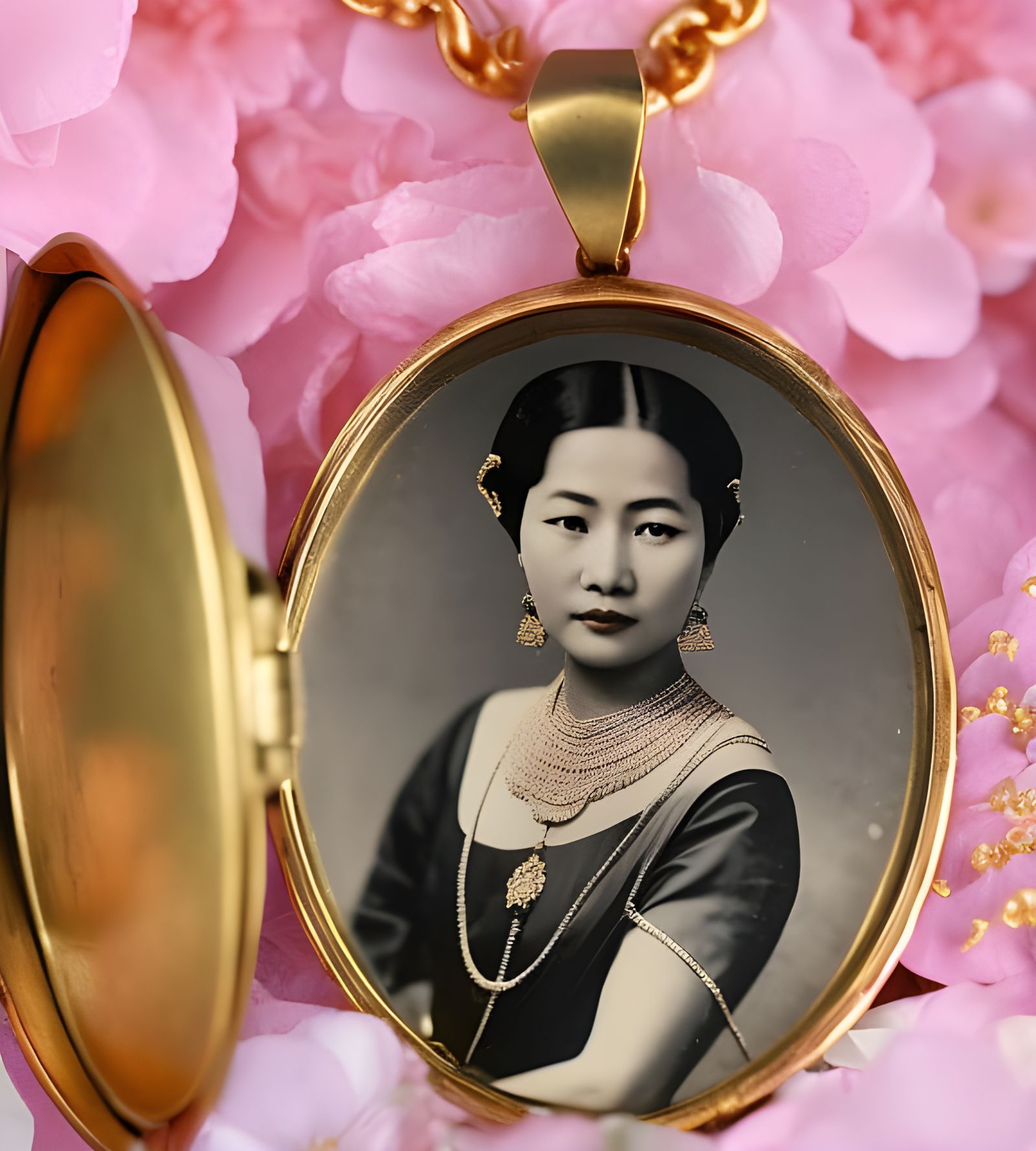 Vintage Portrait of Thai Woman in Gold Locket