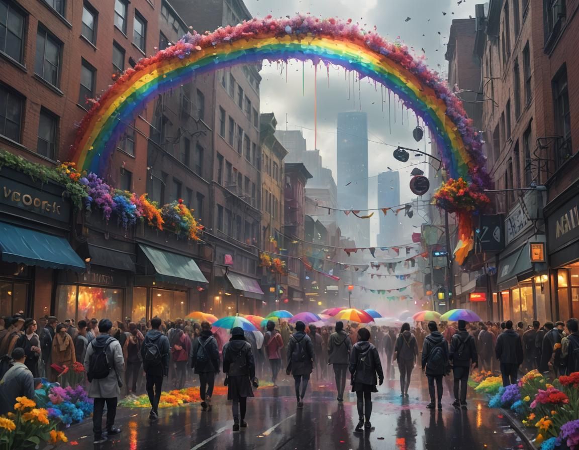 Liquid Flower Rainbow Over City: Digital Illustration