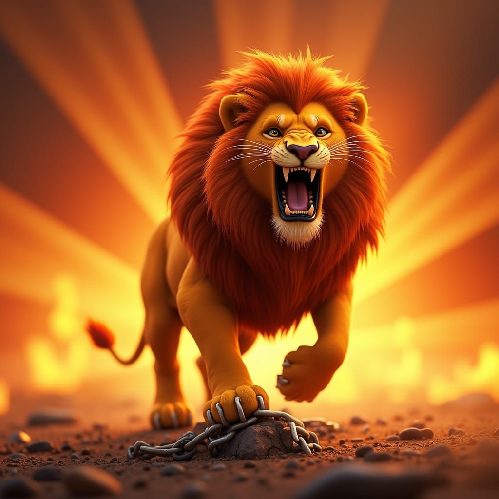 Lion of Unbridled Strength Treads on Broken Chains in Fiery ...