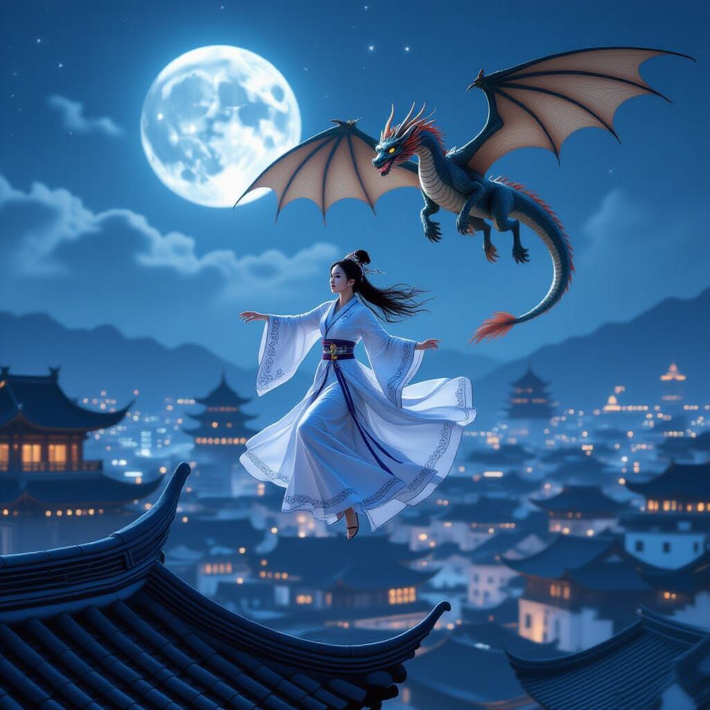 Hanfu Woman and Dragon Leaping Over City Roofs