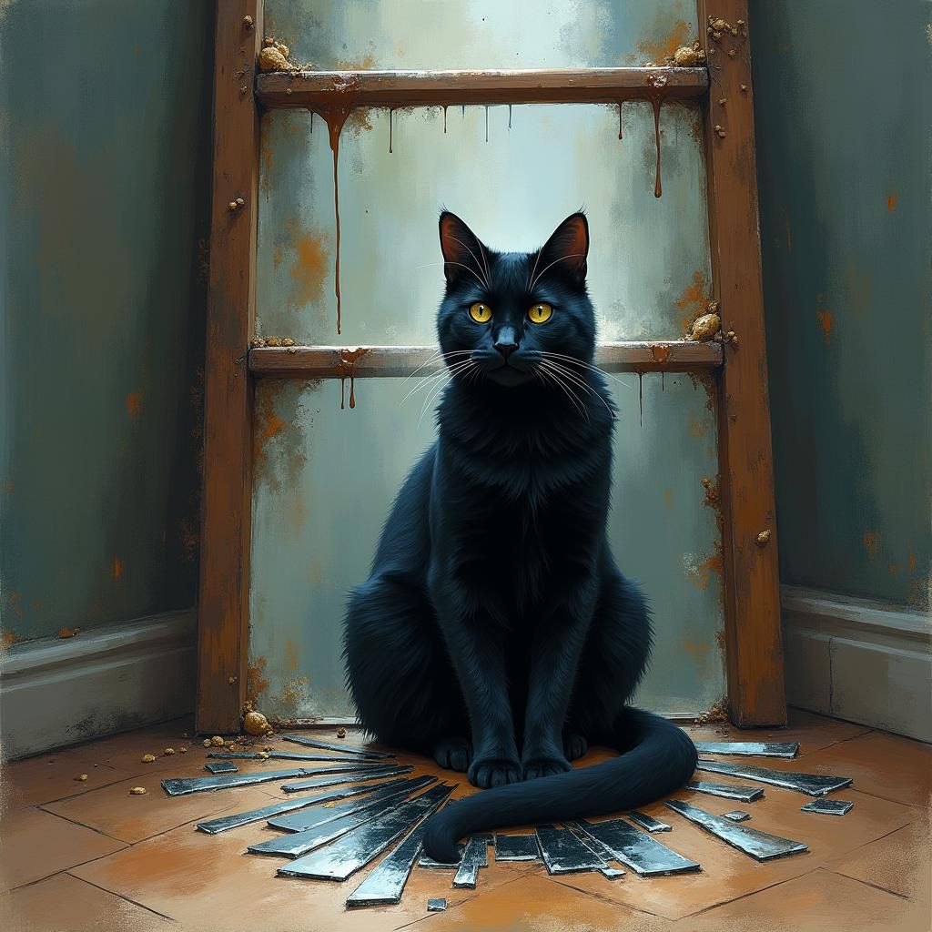 High Contrast Black Cat Under Ladder in Watercolor