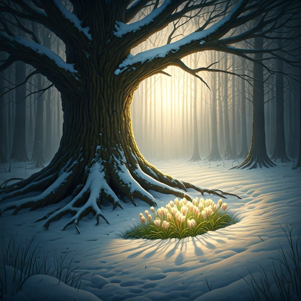 Winter Forest Scene with Flowers, Digital Matte Painting