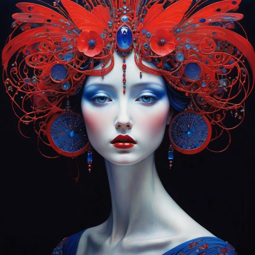 Intricate Entangled Design in Blue and Red