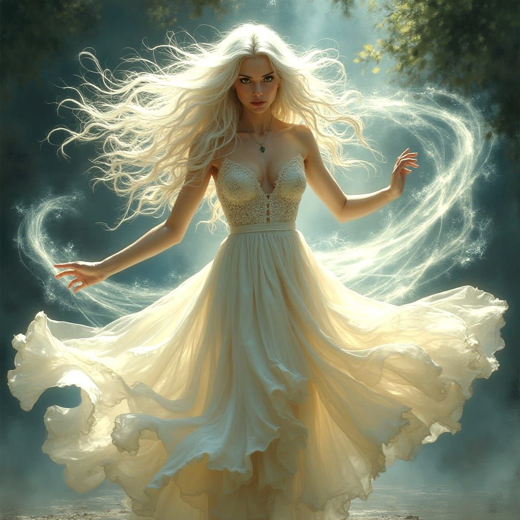 White Haired Sorceress Dancing Through Ethereal Magic