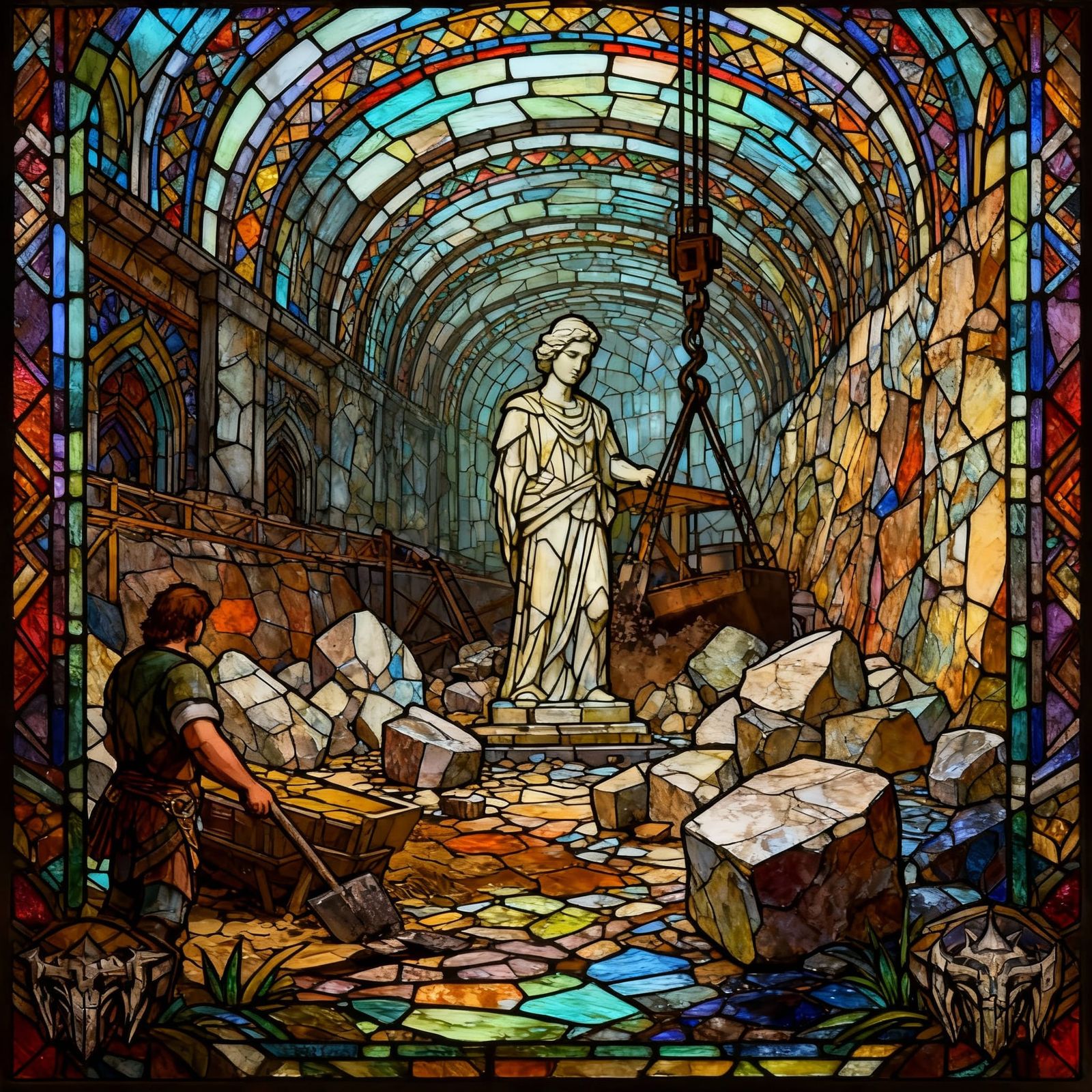 Extracting Raw Material From Statue in Stained Glass Style