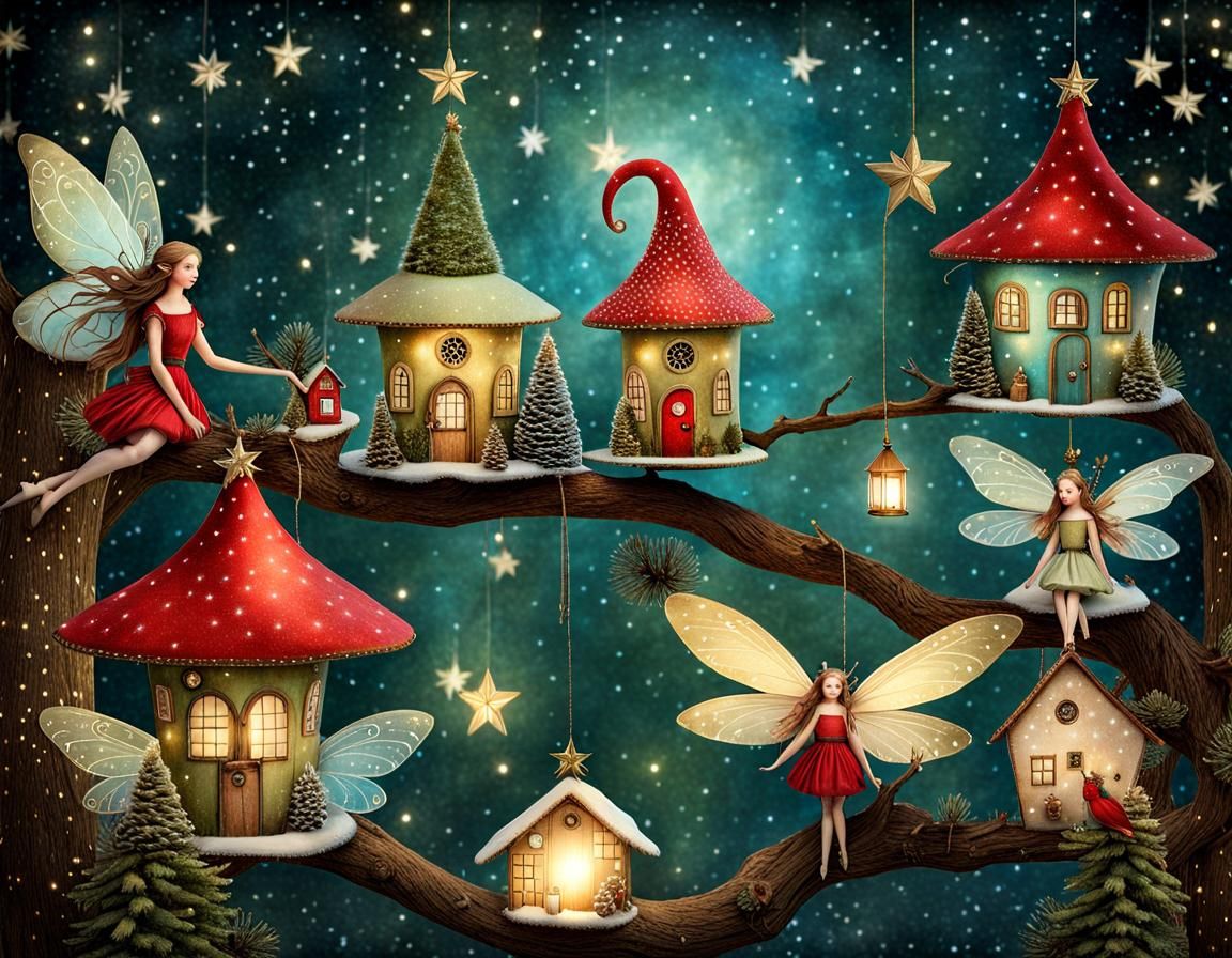 Christmas Fairy Village Folk Art Illustration