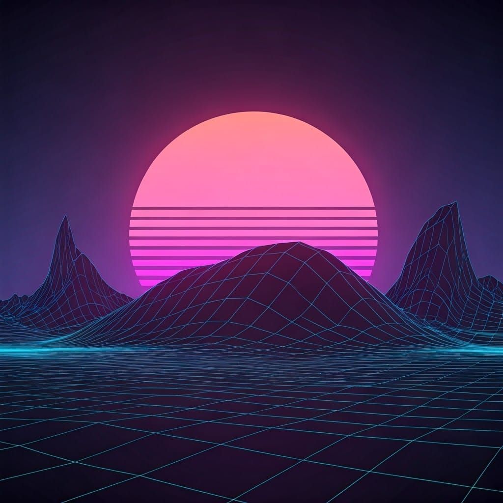 Cyberpunk Desert Landscape with Synthwave Grid