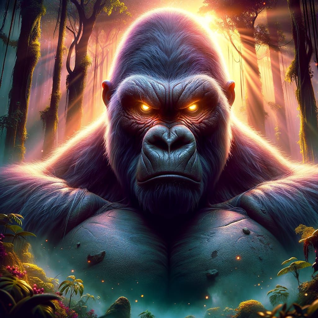 Powerful Gorilla in Misty Jungle, Majestic Gaze