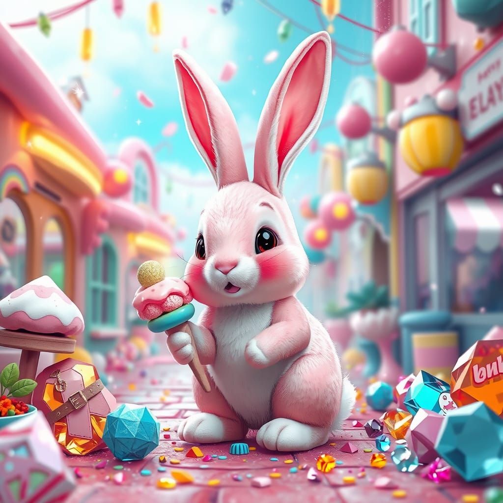 Vibrant Whimsical Bunny Street Scene in Pastel Hues with Rai...