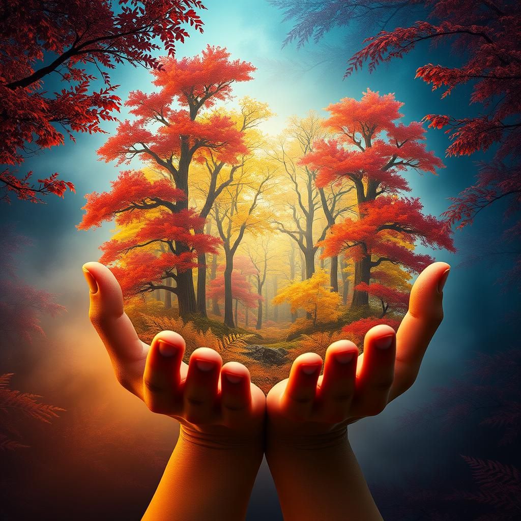Hands Cradling a Glowing Autumn Forest