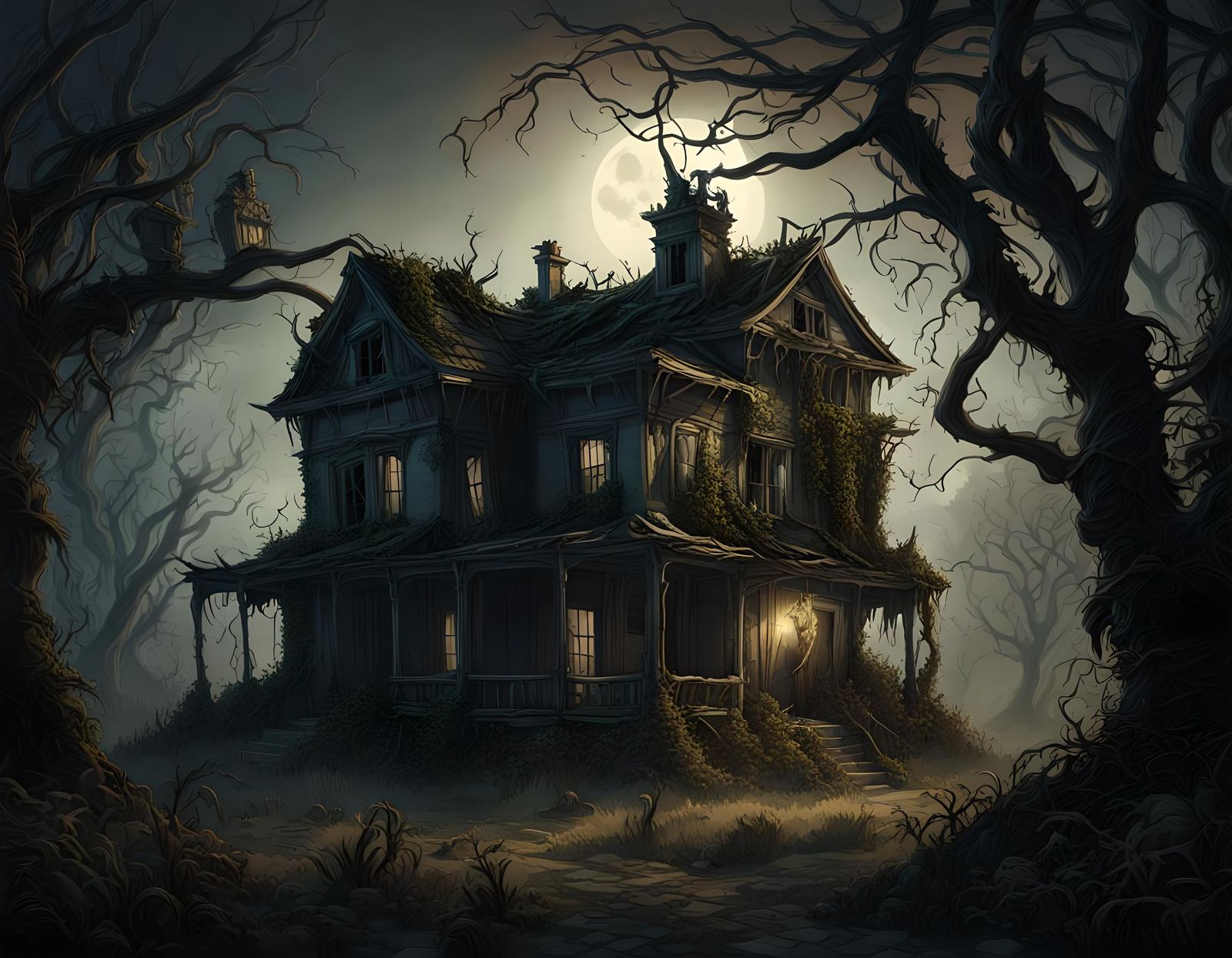 Eerie Dilapidated House in Dark Fantasy Style