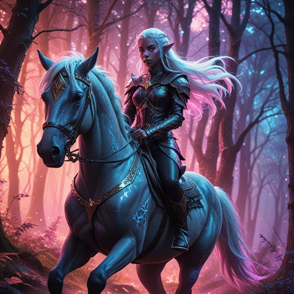 Glitching Elf with Pink Eyes Rides Horse in Neon Forest