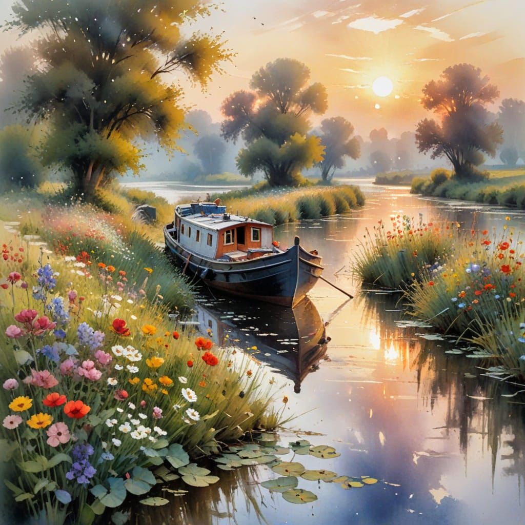 Canal Boat at Sunset: Expressive Watercolour Painting