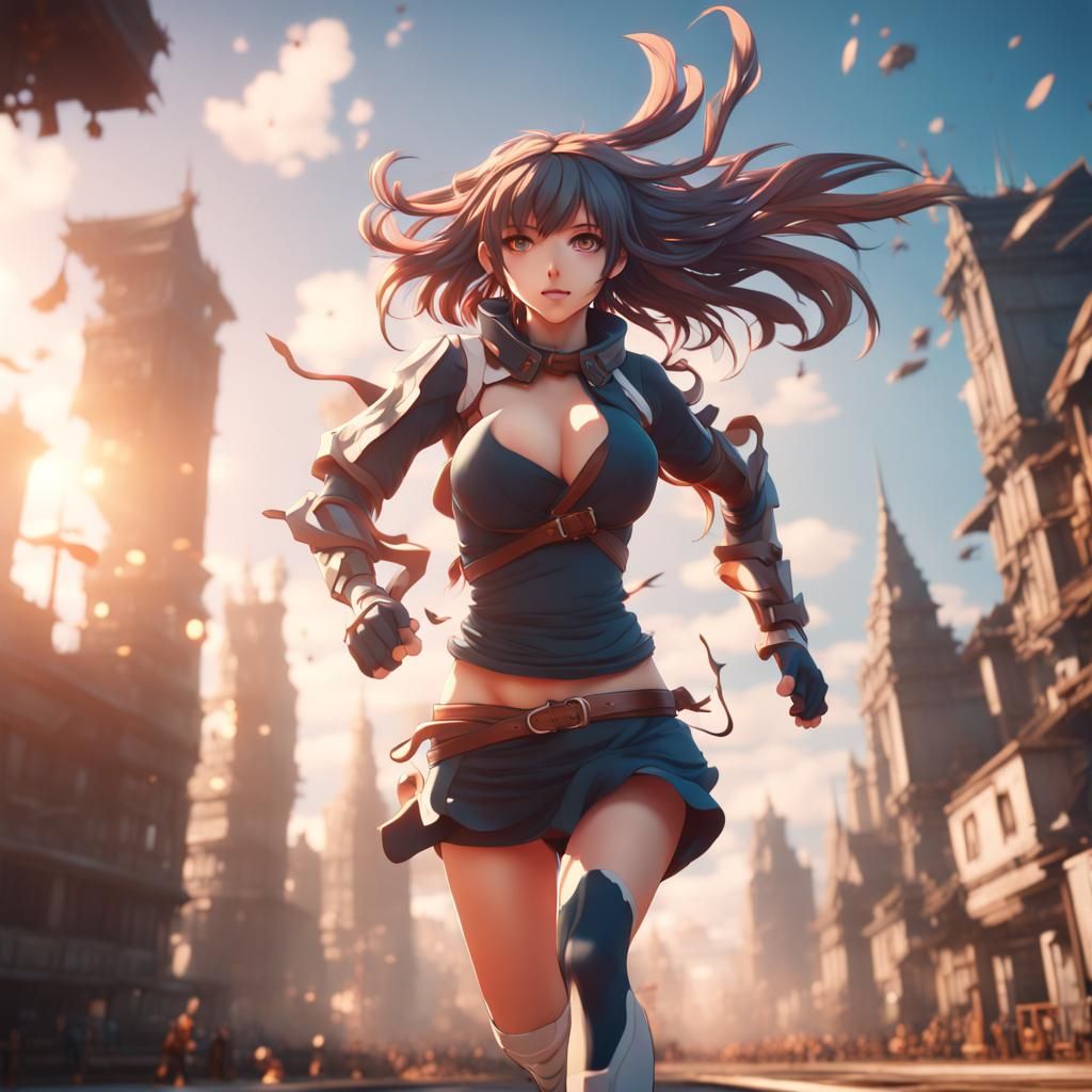 Anime Girl Running: Detailed Fantasy Concept Art