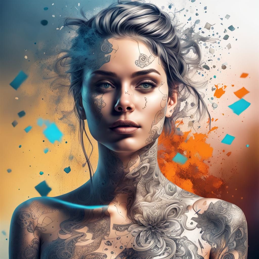 Beautiful revealing tattooed female portrait,  hyper detaile...