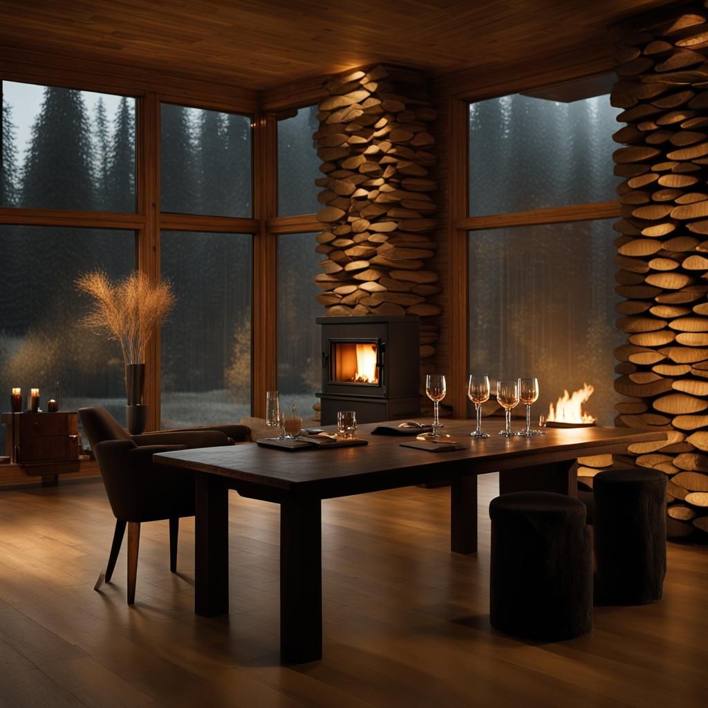 Dimly Lit Room with Slate Fireplace