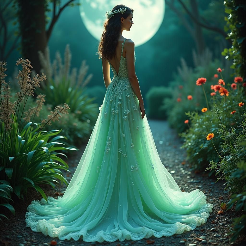 Woman in Ethereal Gown in Moonlit Garden