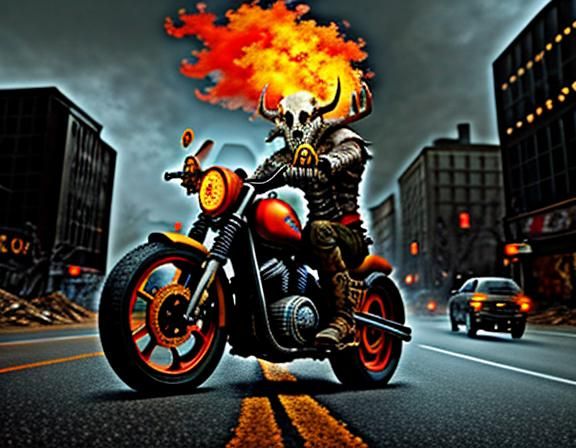 Post-Apocalyptic Bone Rider on Flaming Motorcycle