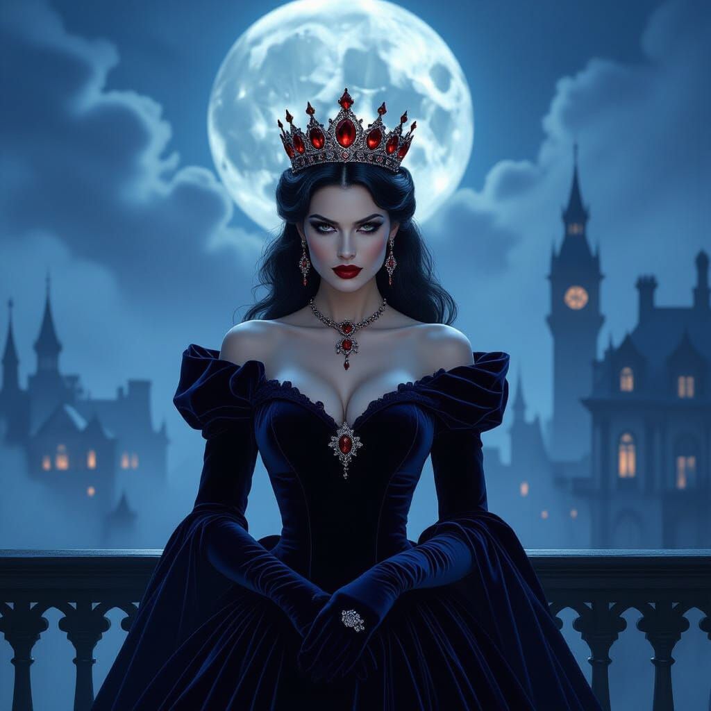 Vampire Queen's Moonlit Reign in Victorian Cityscape
