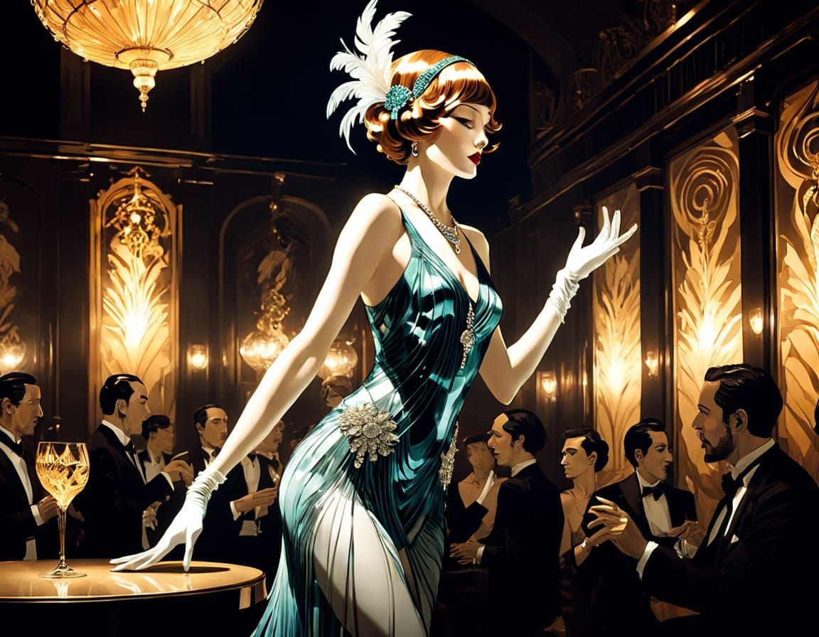 Glass Flapper Girl in Jazz Club, Surreal Art Deco Style