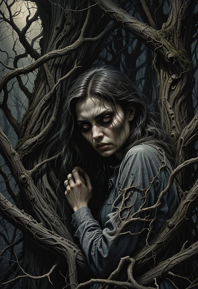 Dark Fantasy Woman Cowers in Twisted Forest Shadows