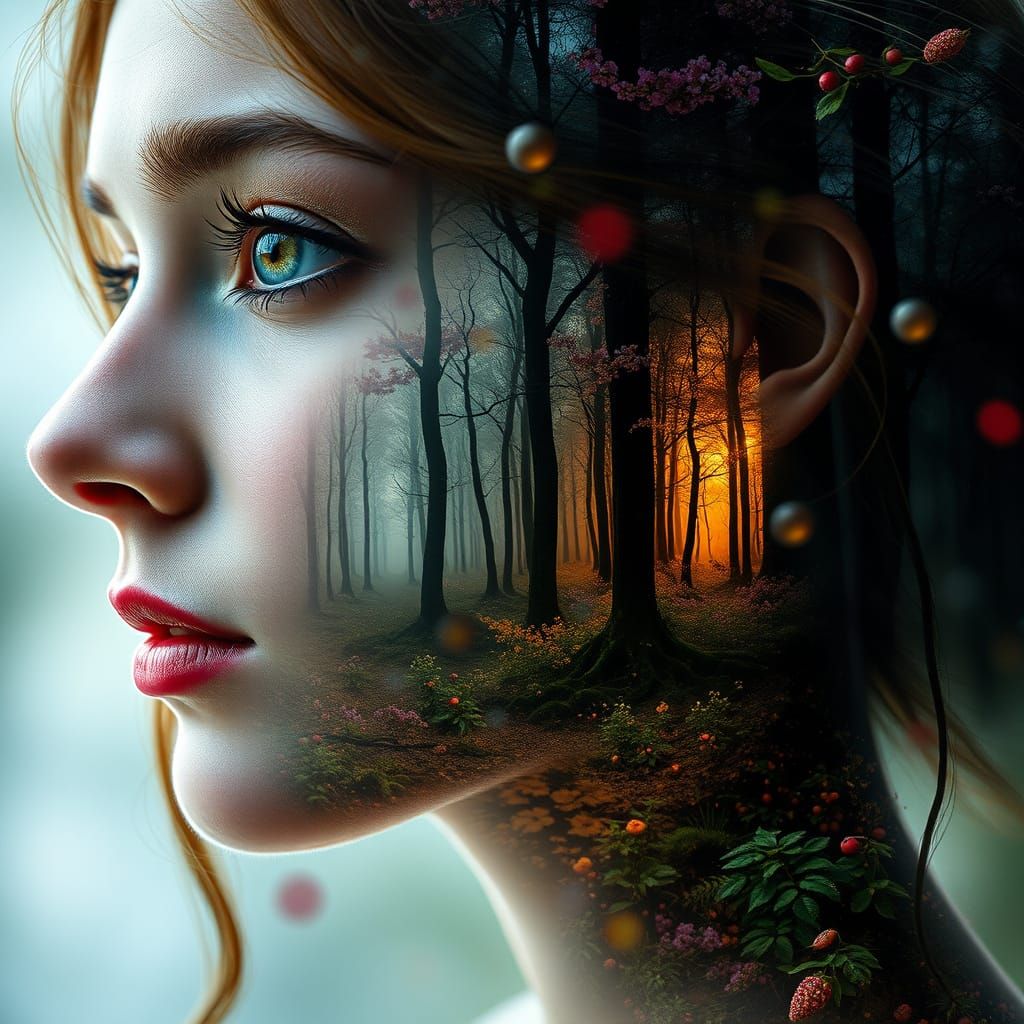 Double Exposure: Woman Reflecting Magical Forest Scene