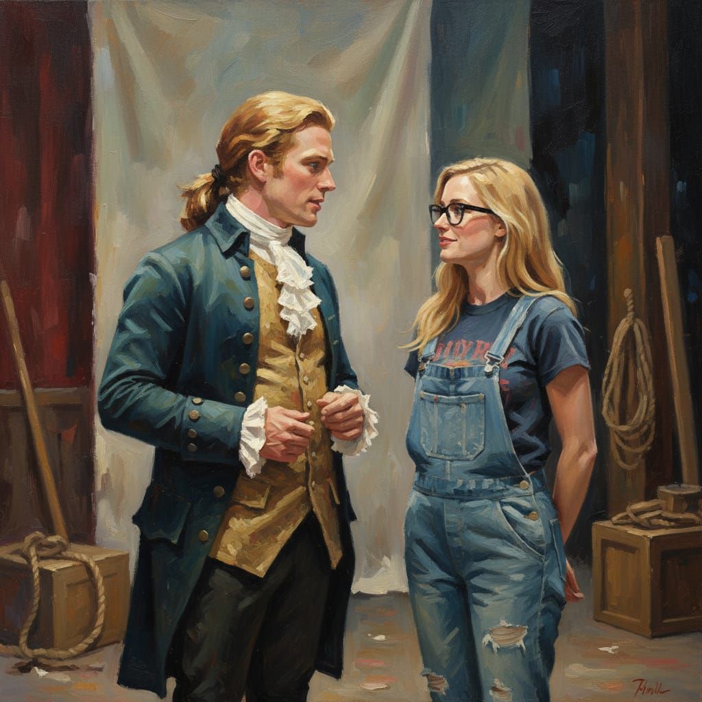 Impressionist Oil Painting: Backstage Conversation at "1776!...