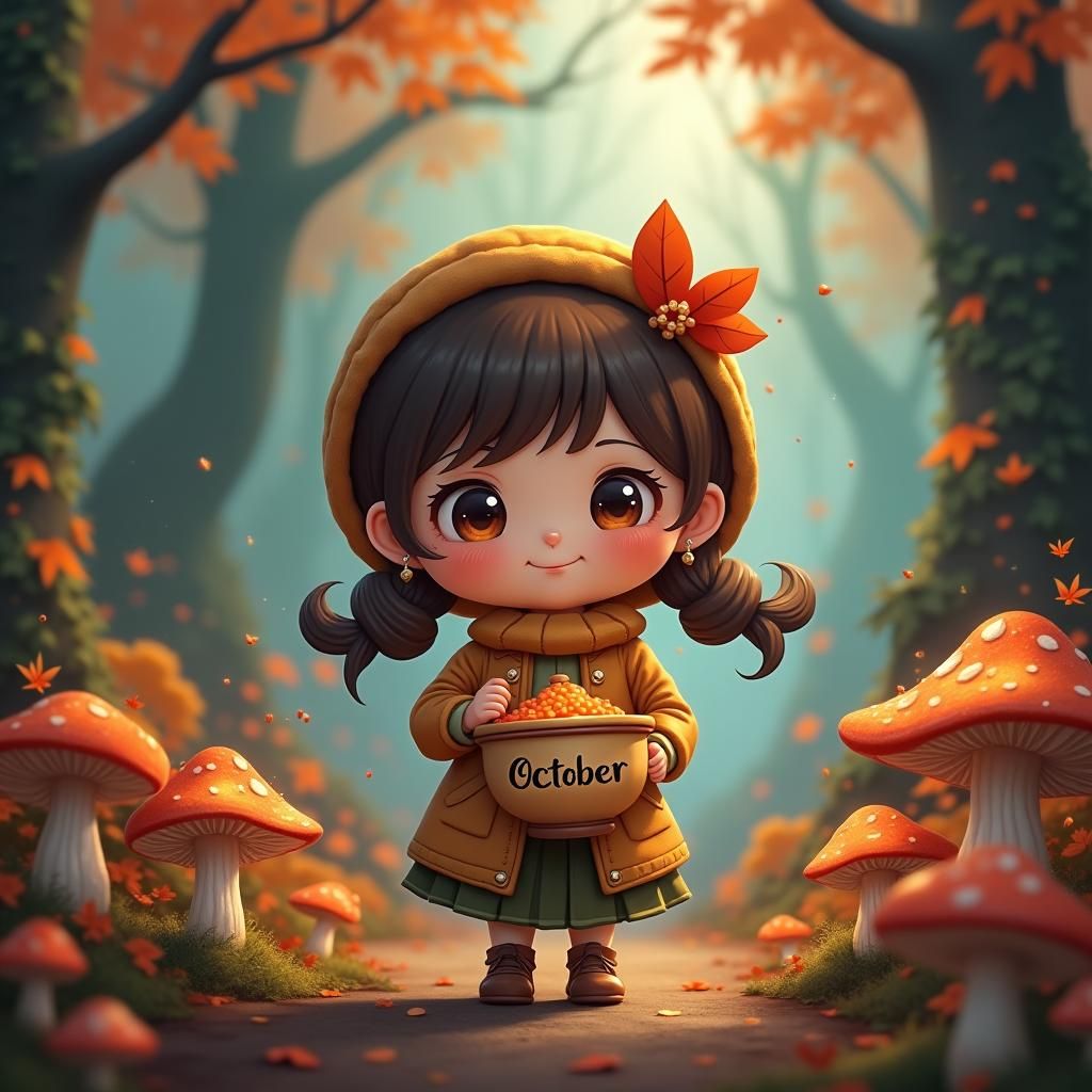 Chibi Girl with October Panner in Autumn Forest