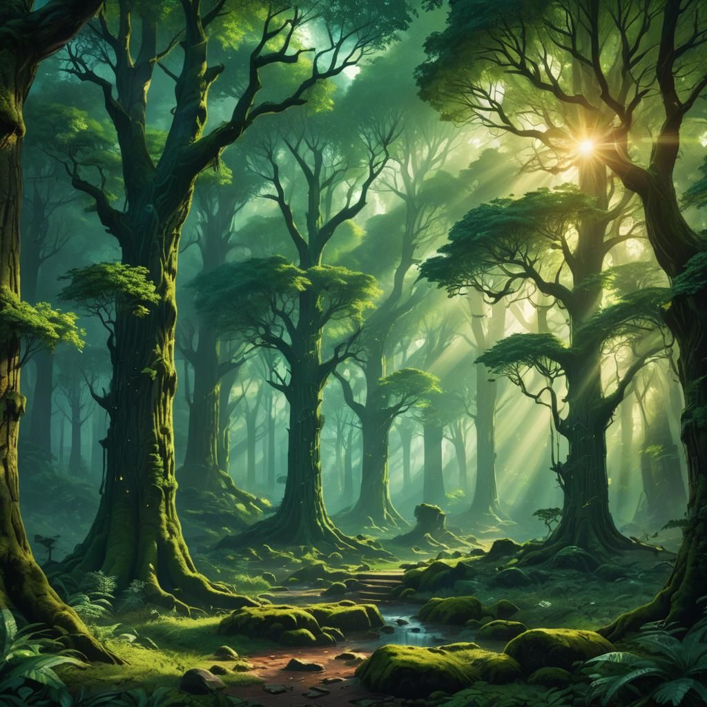 Mystical Emerald Forest: A Fantasy Digital Painting