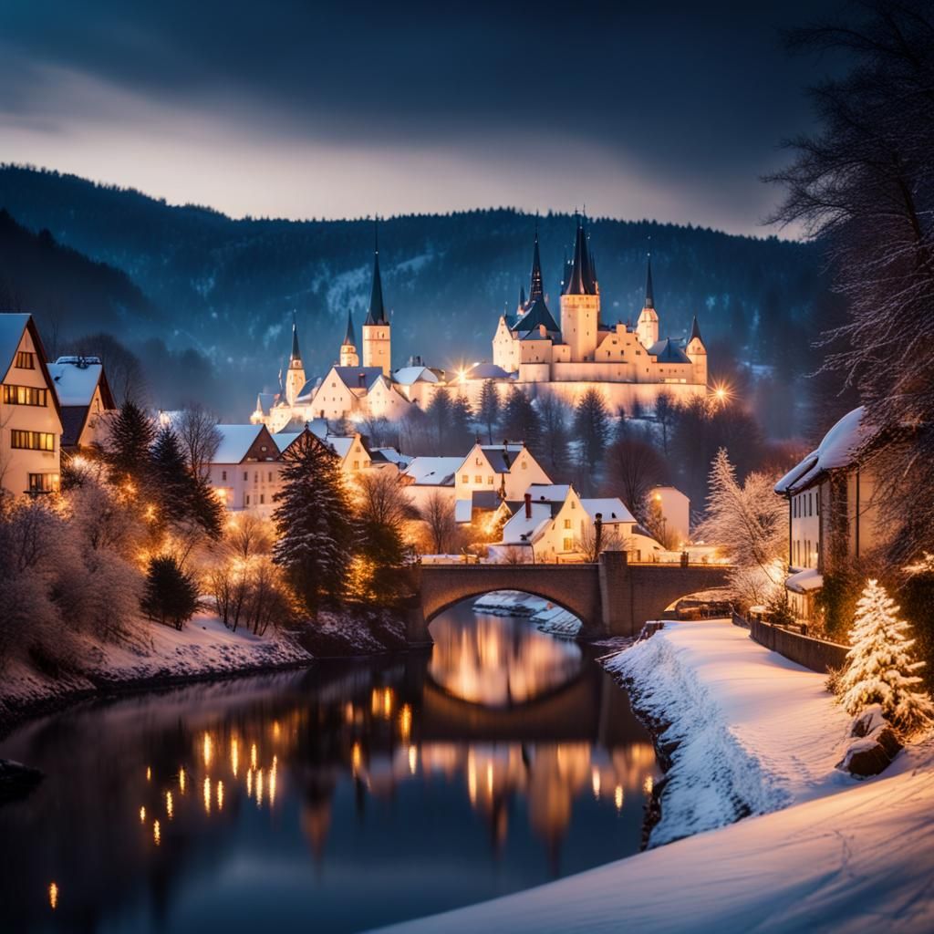 Snowy German Village with Christmas Lights