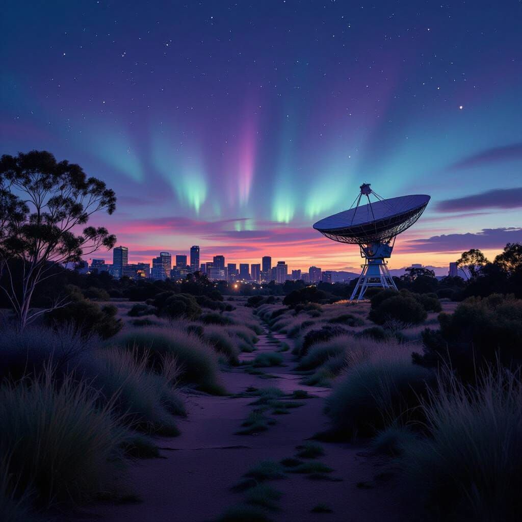 Dystopian Canberra Evening with Aurora and Radio Dish