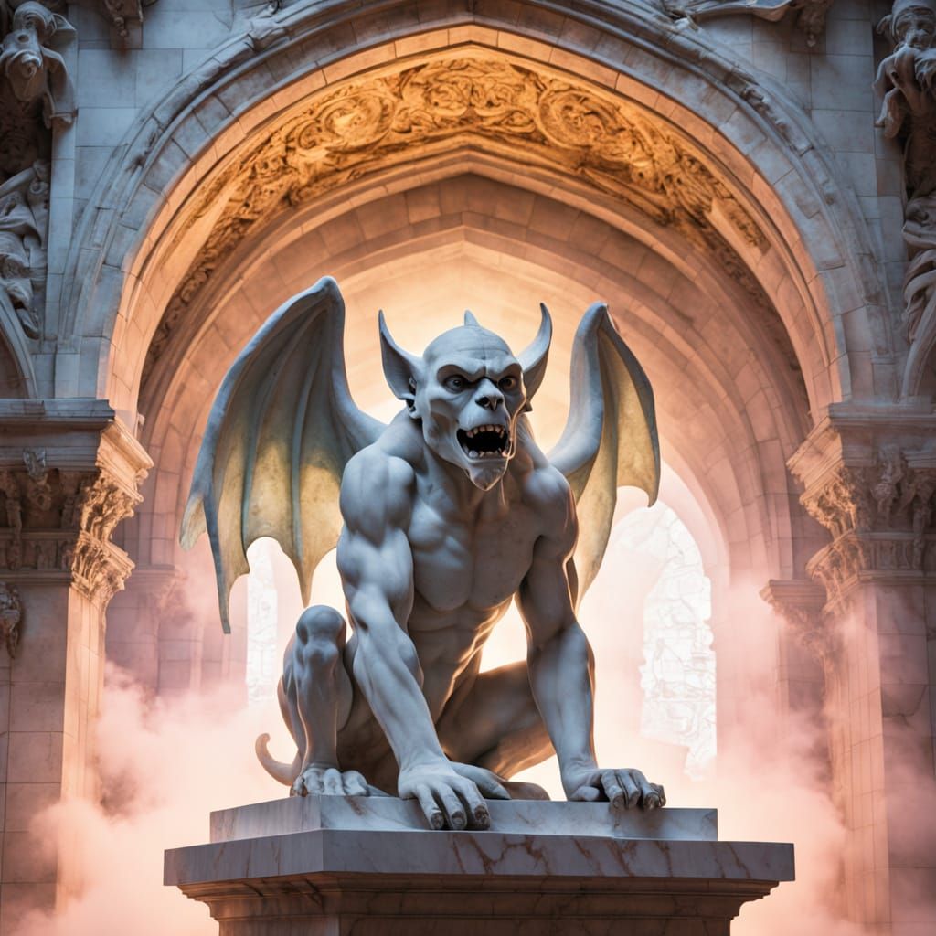Gargoyle Statue in Crumbling Marble Sanctum