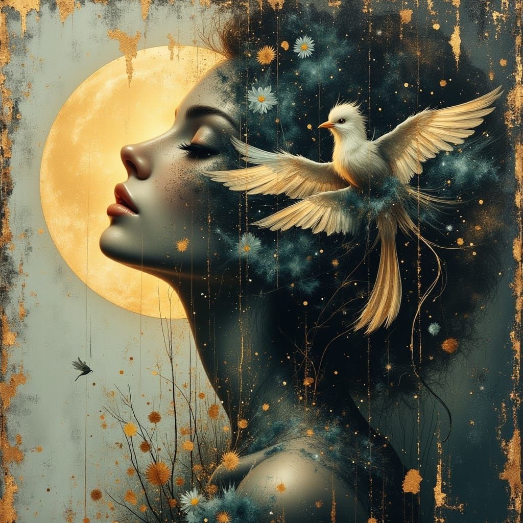 Ethereal Double Exposure Woman Portrait with Whimsical Birds