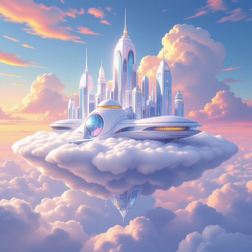 Pearl White Metropolis Floating on Cloud in Futuristic Style