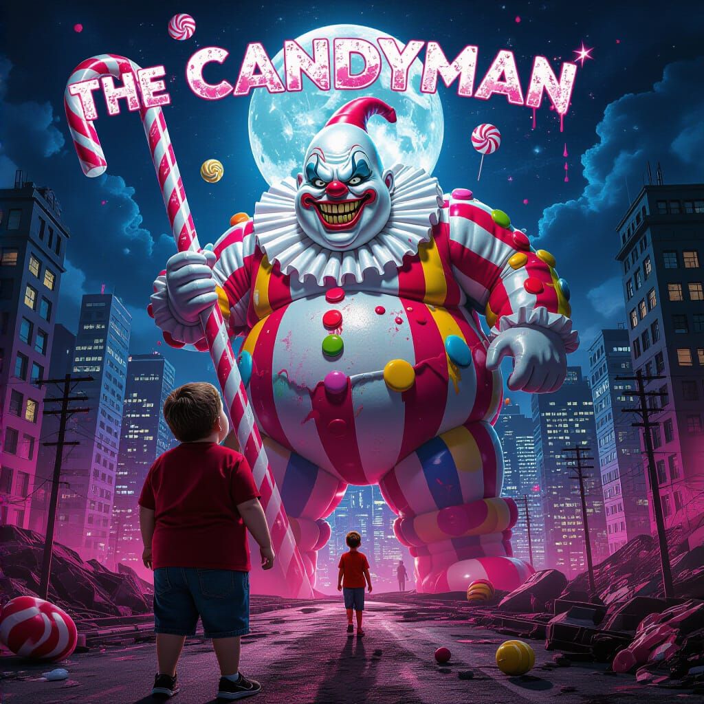 Candy Supervillain Confrontation in Dystopian City