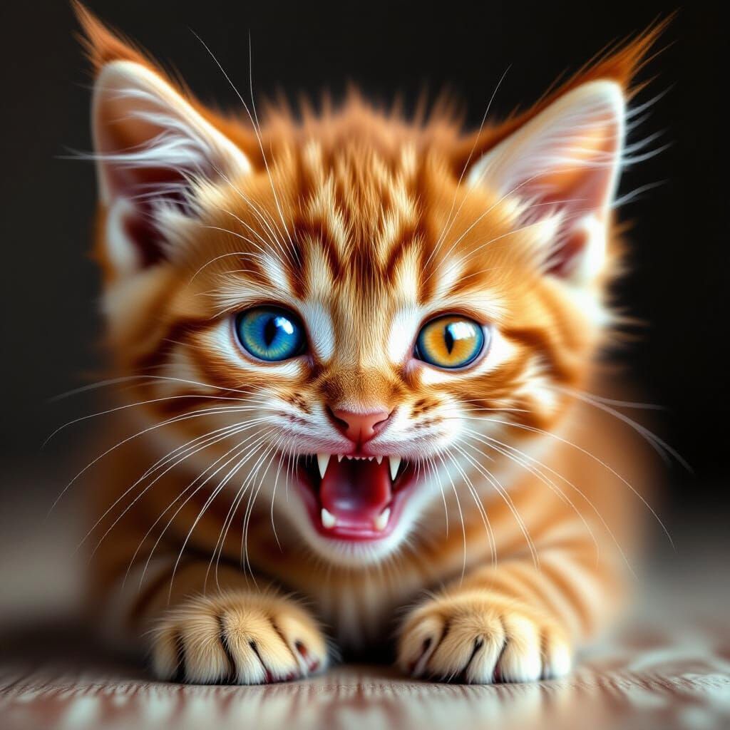 Photorealistic Hissing Kitten with Heterochromia Eyes