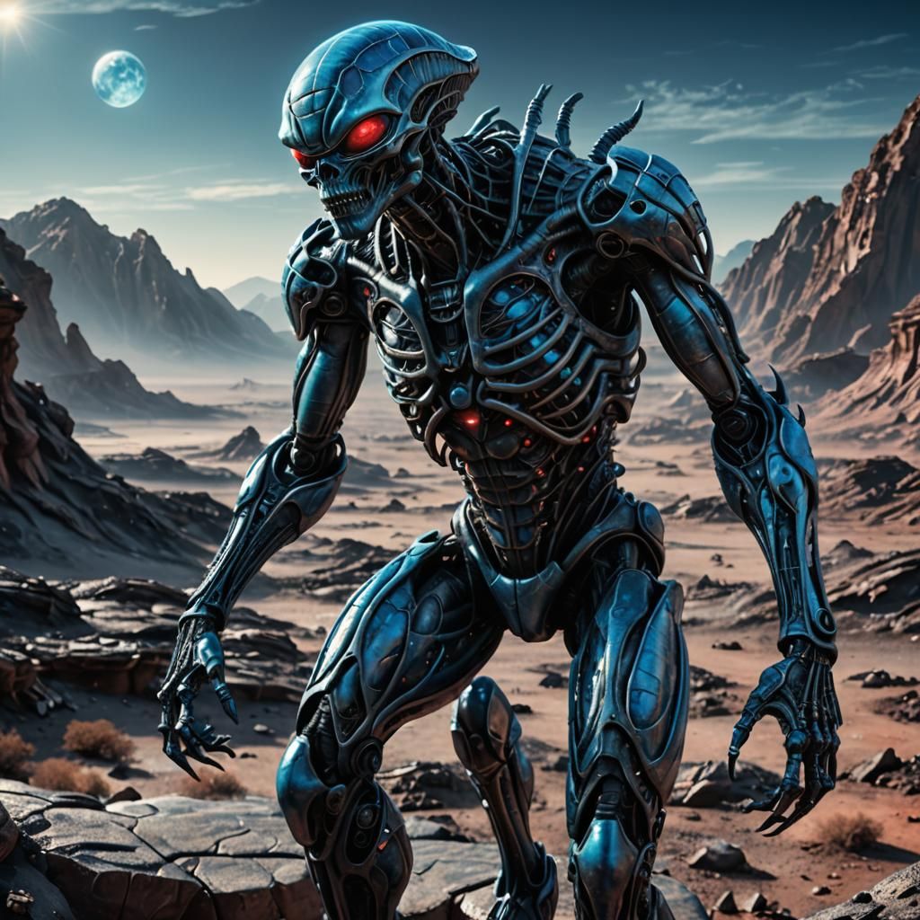 Alien on Barren Planet in Biomechanical Style