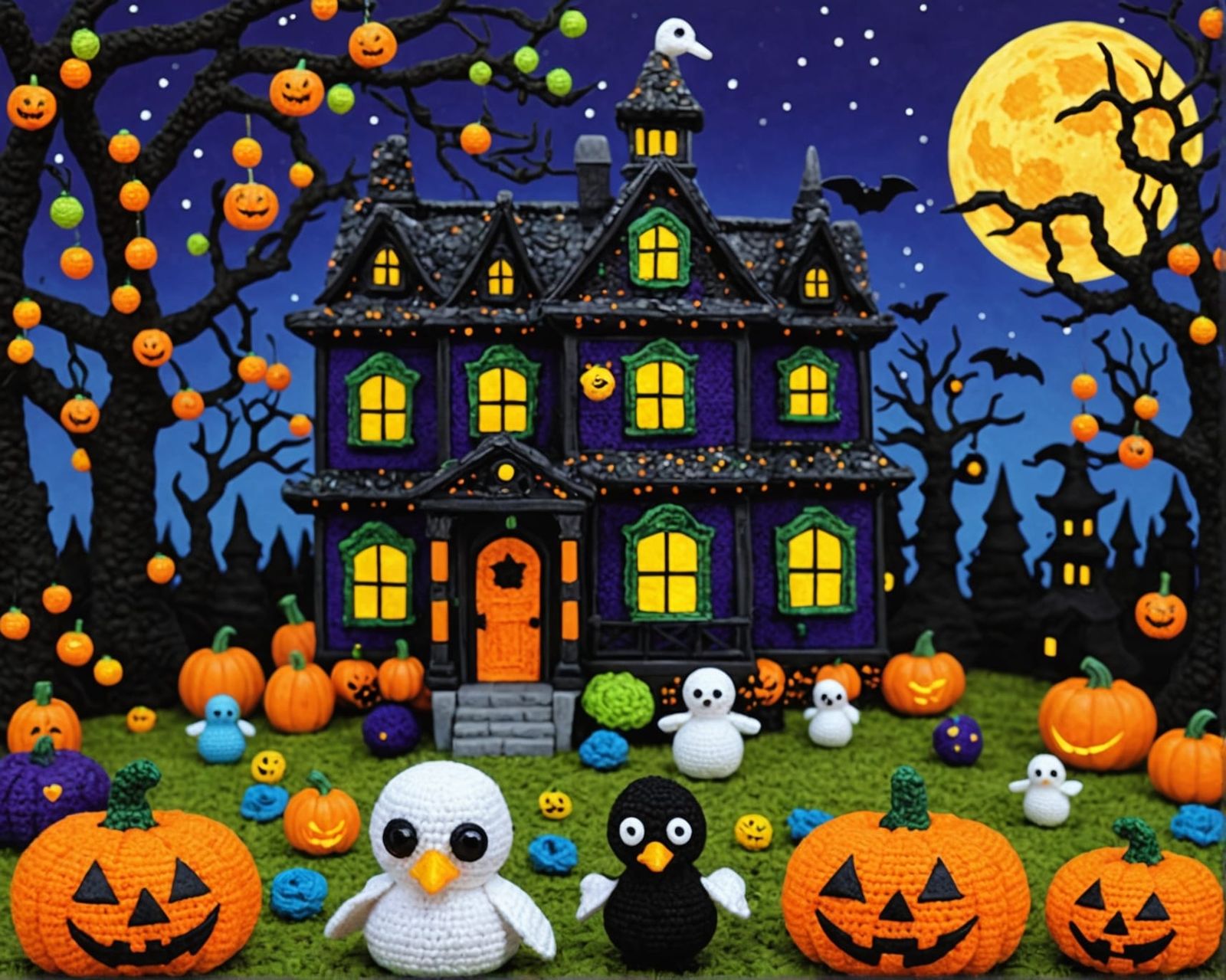 Klimt Crochet Halloween Haunted House with Starry Sky