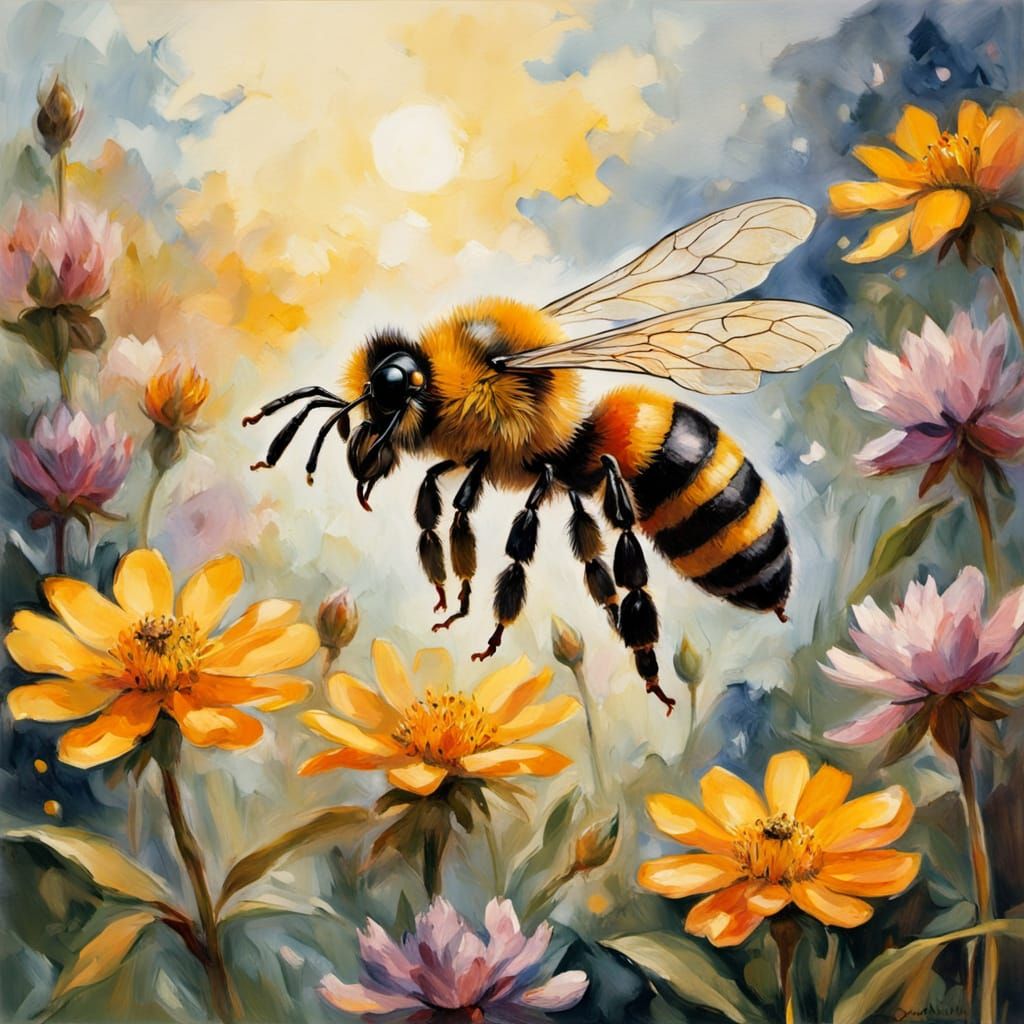 Impressionist Masterpiece: Close-Up of a Bee Collecting Nect...
